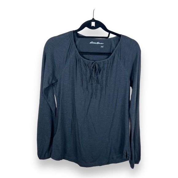 SMALL EDDIE BAUER DARK BLUE COTTON FABRIC TOP CASUAL OUTDOOR  RUFFLE ACCENT - Picture 1 of 9